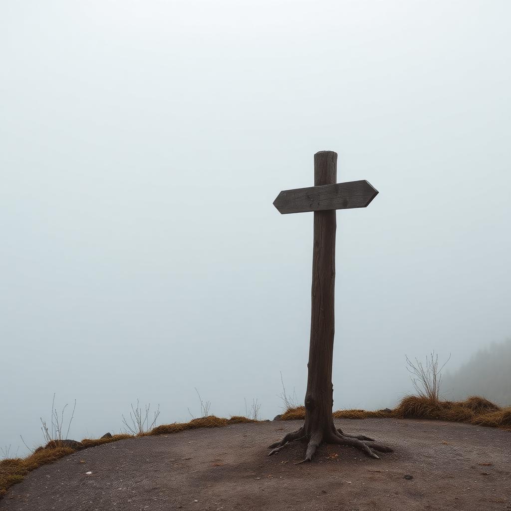A wooden signpost in misty terrain